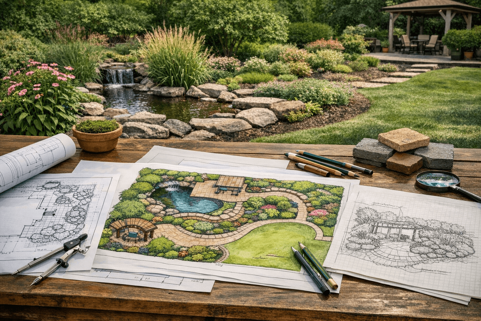 Landscape designer consulting with homeowner about yard plan