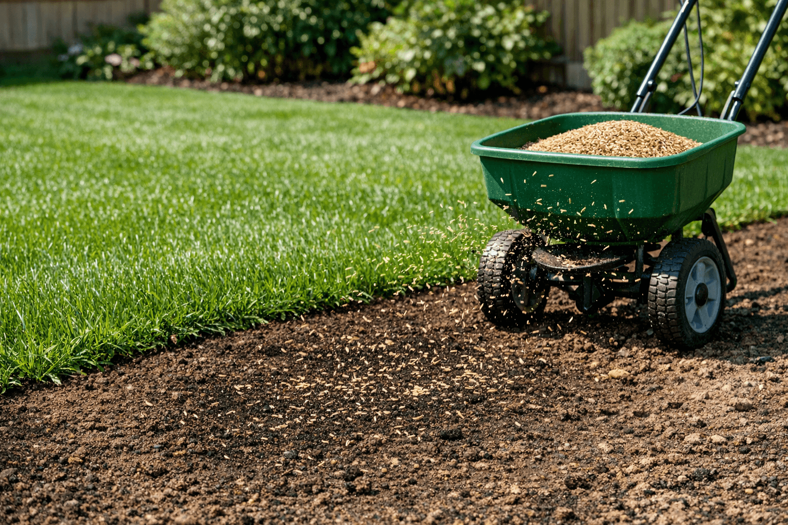 Landscaper spreading grass seed across prepared soil