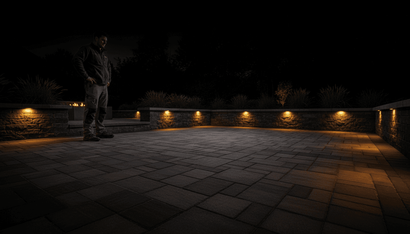 Professional hardscape patio installation with stone work and ambient lighting in Rapid City