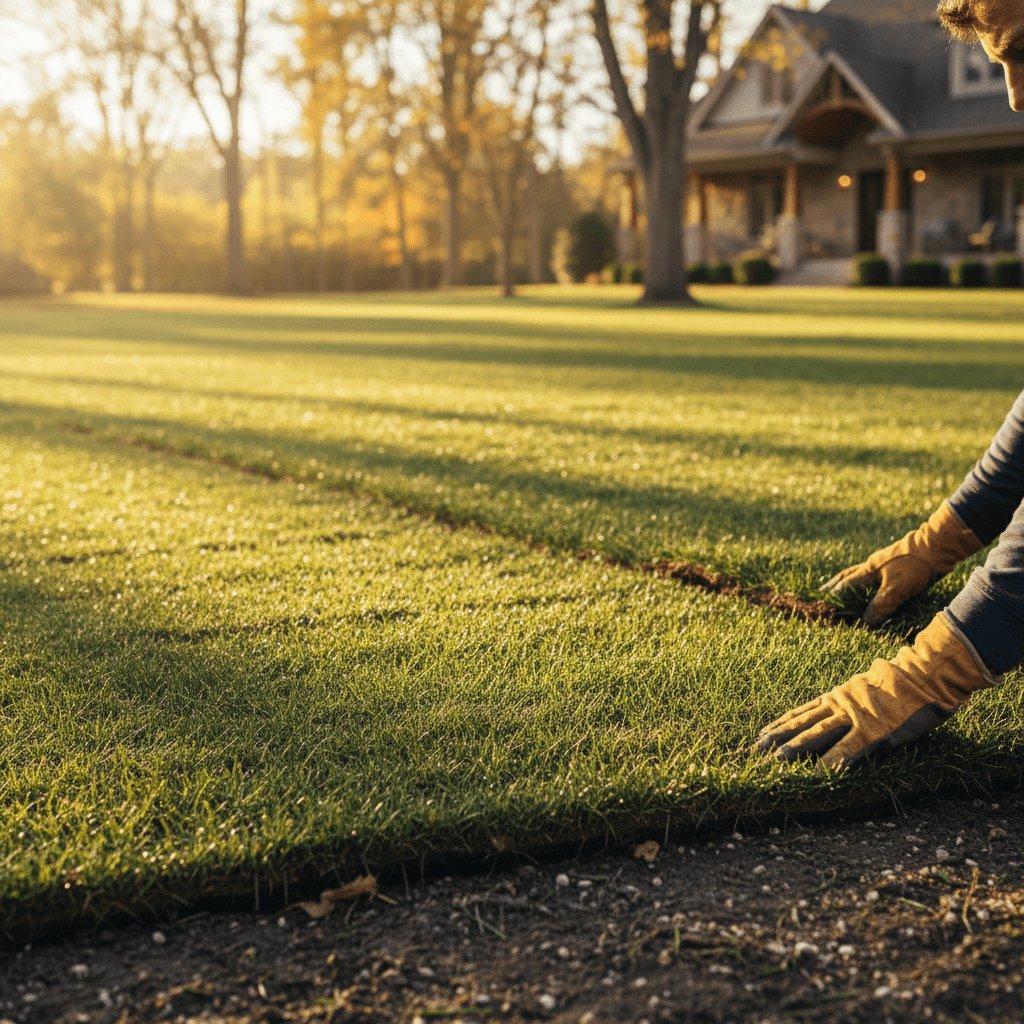 Fresh sod installation being laid in a residential yard