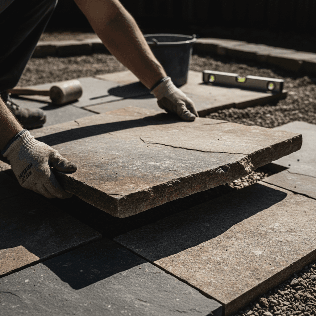 Professional hardscape installation with stone patio placement