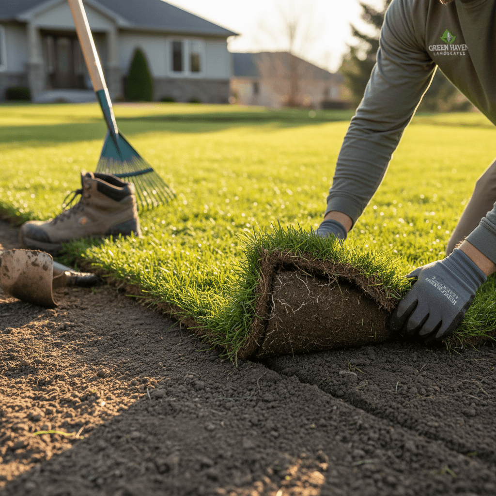 Fresh sod being installed into prepared soil