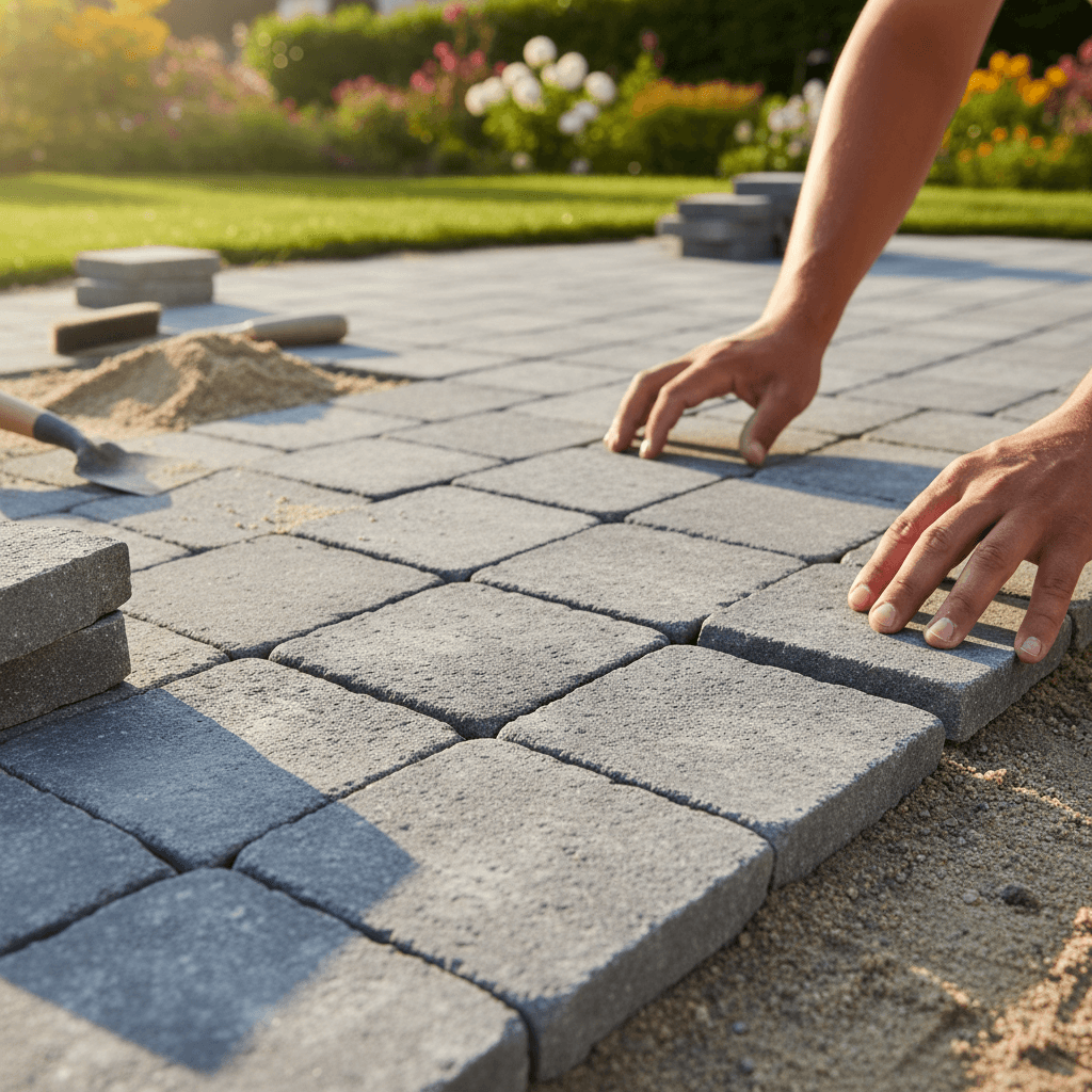 Stone patio hardscaping installation