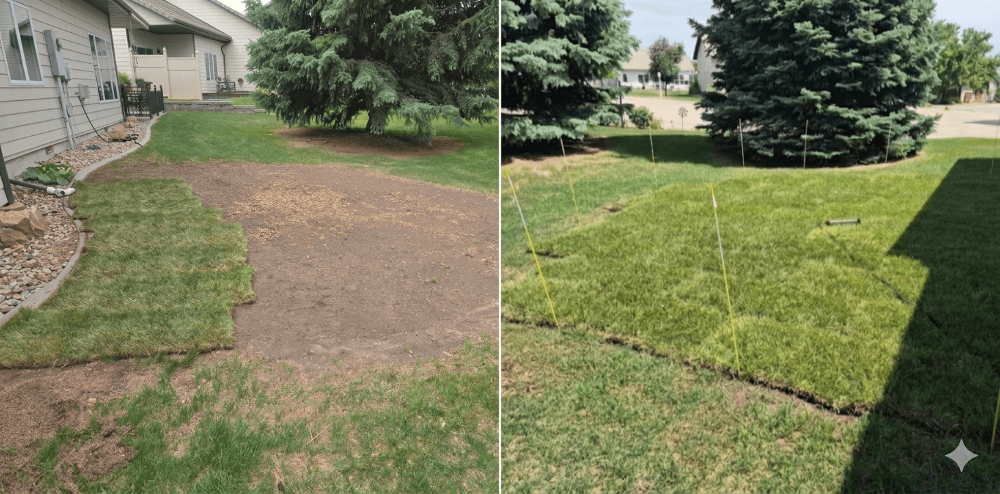 Before and after photos showing a bare dirt patch replaced with fresh green sod.